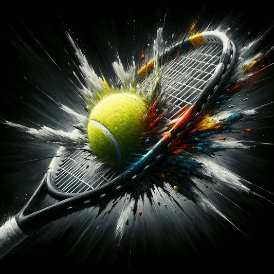 A vibrant tennis ball hitting the racket and breaking on impact
