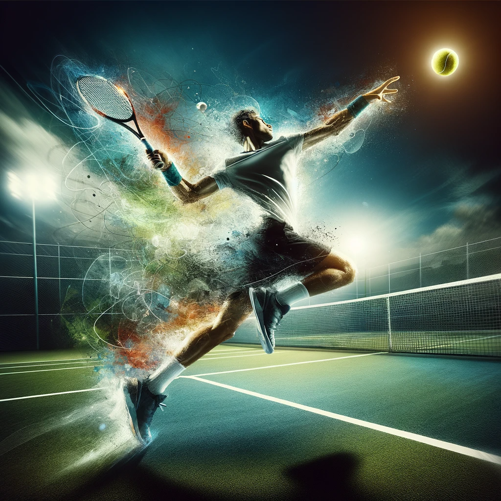 A tennis player hitting a serve in tennis court