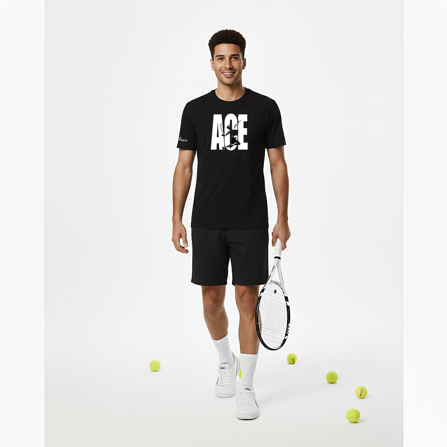 Man in black tennis outfit with 'ACE' logo holding a tennis racket on a white background