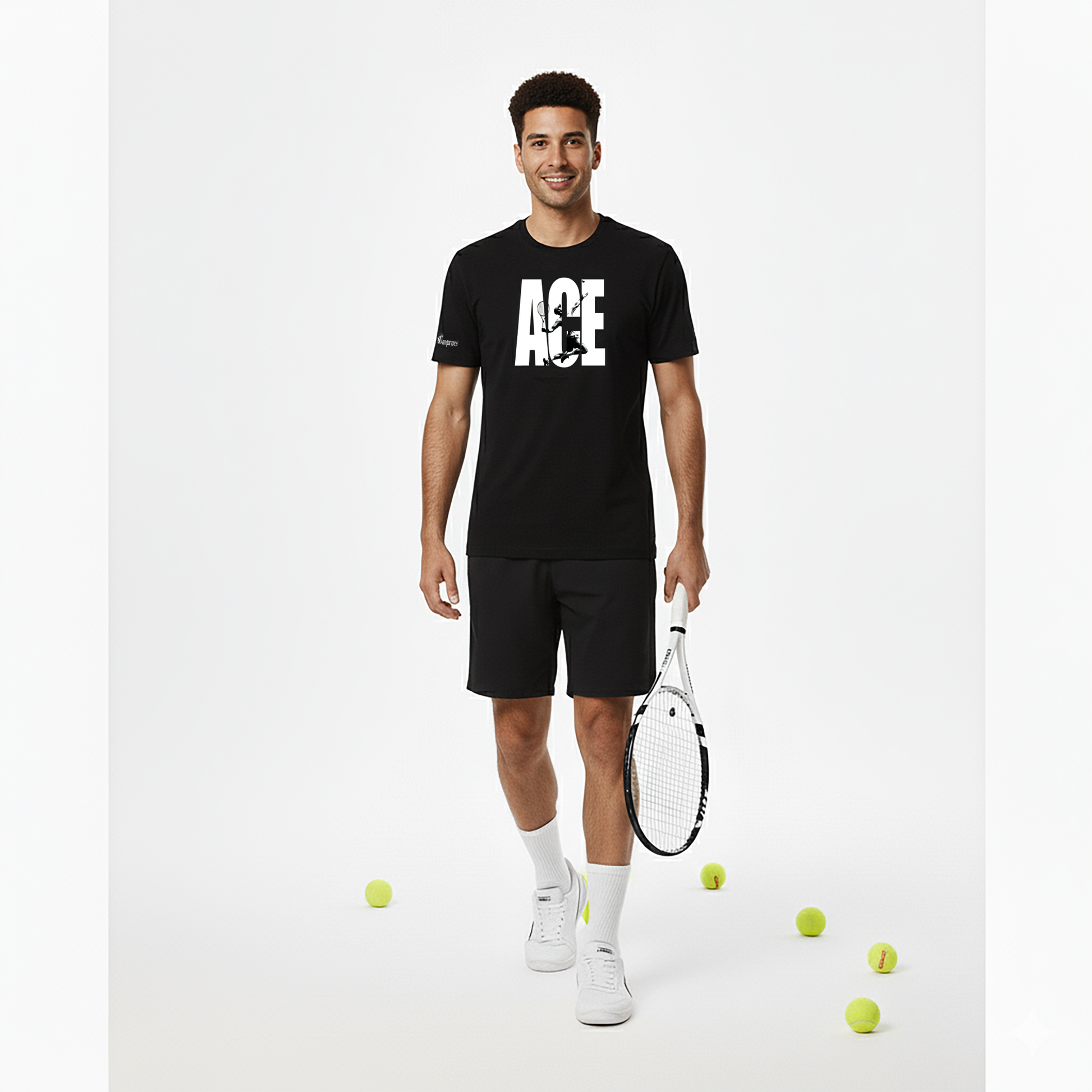Man in black tennis outfit with 'ACE' logo holding a tennis racket on a white background