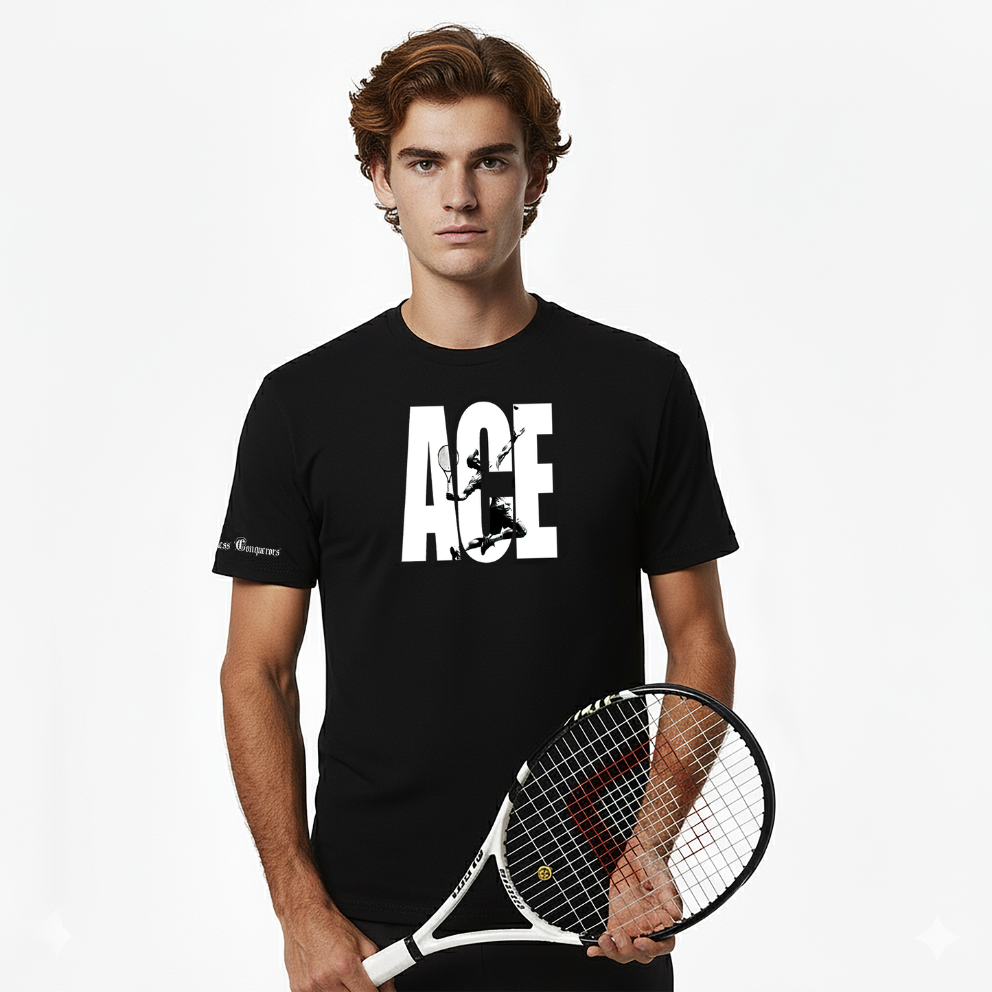 Man wearing a black t-shirt with 'ACE' design, holding a tennis racket on a white background